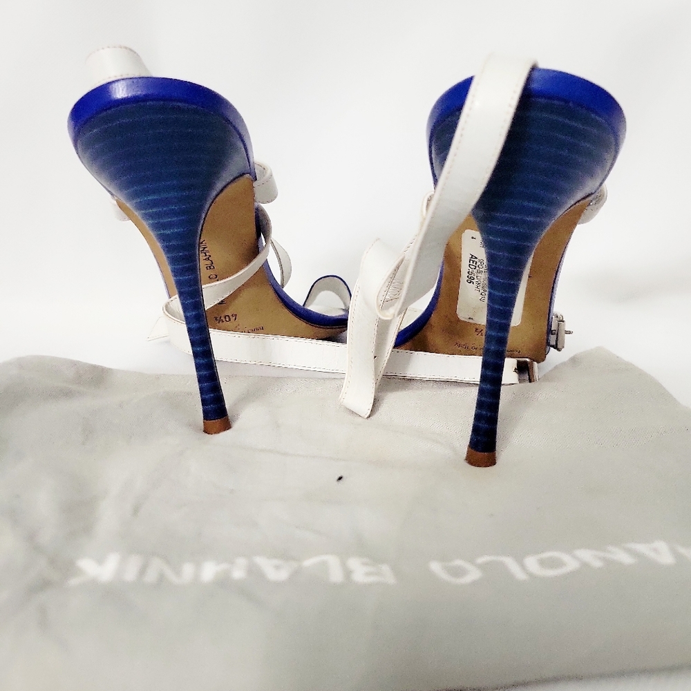 MANOLO BLAHNIK llonicabi BLUE/WHITE SANDALS sz 40.5 - Picture 5 of 5